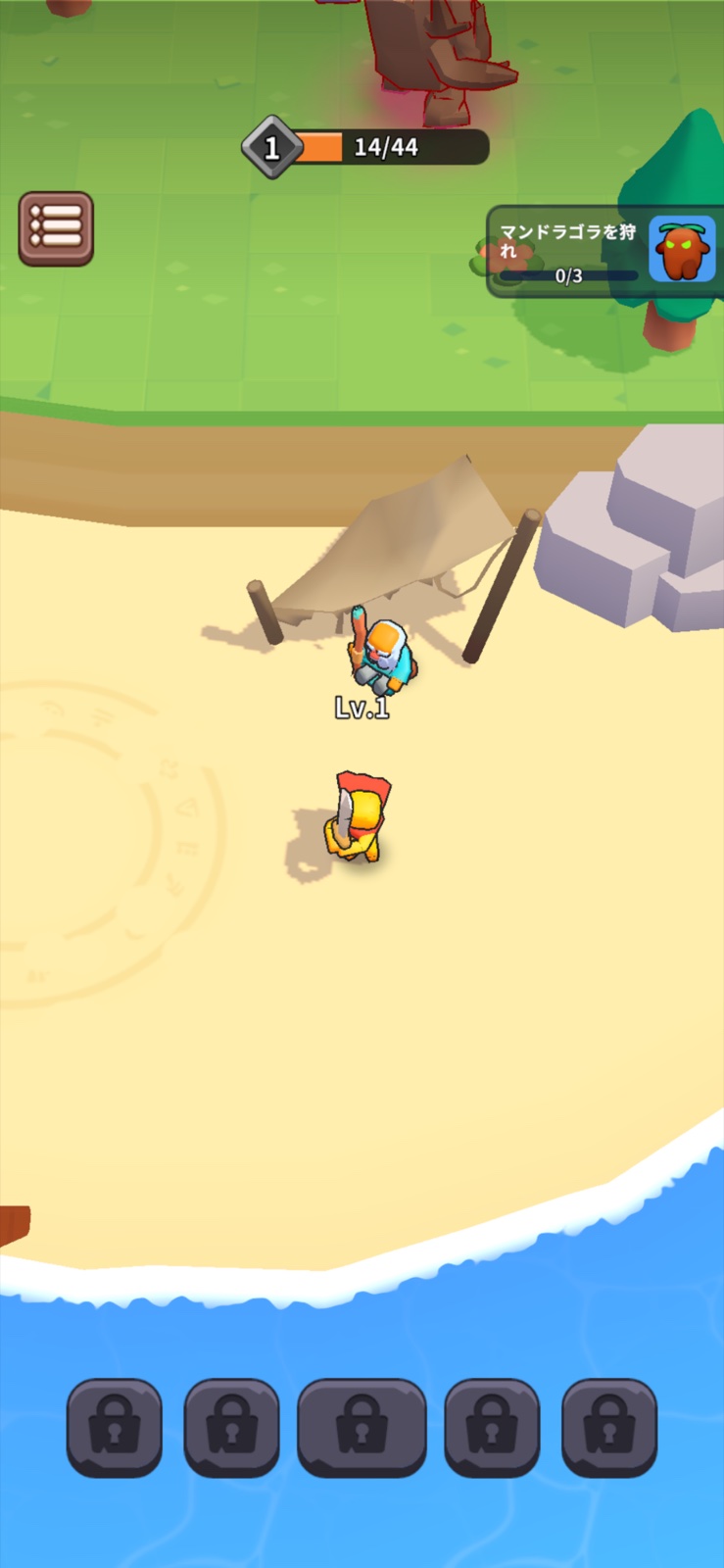 砂浜の拠点からスタートするXP Heroのゲーム画面